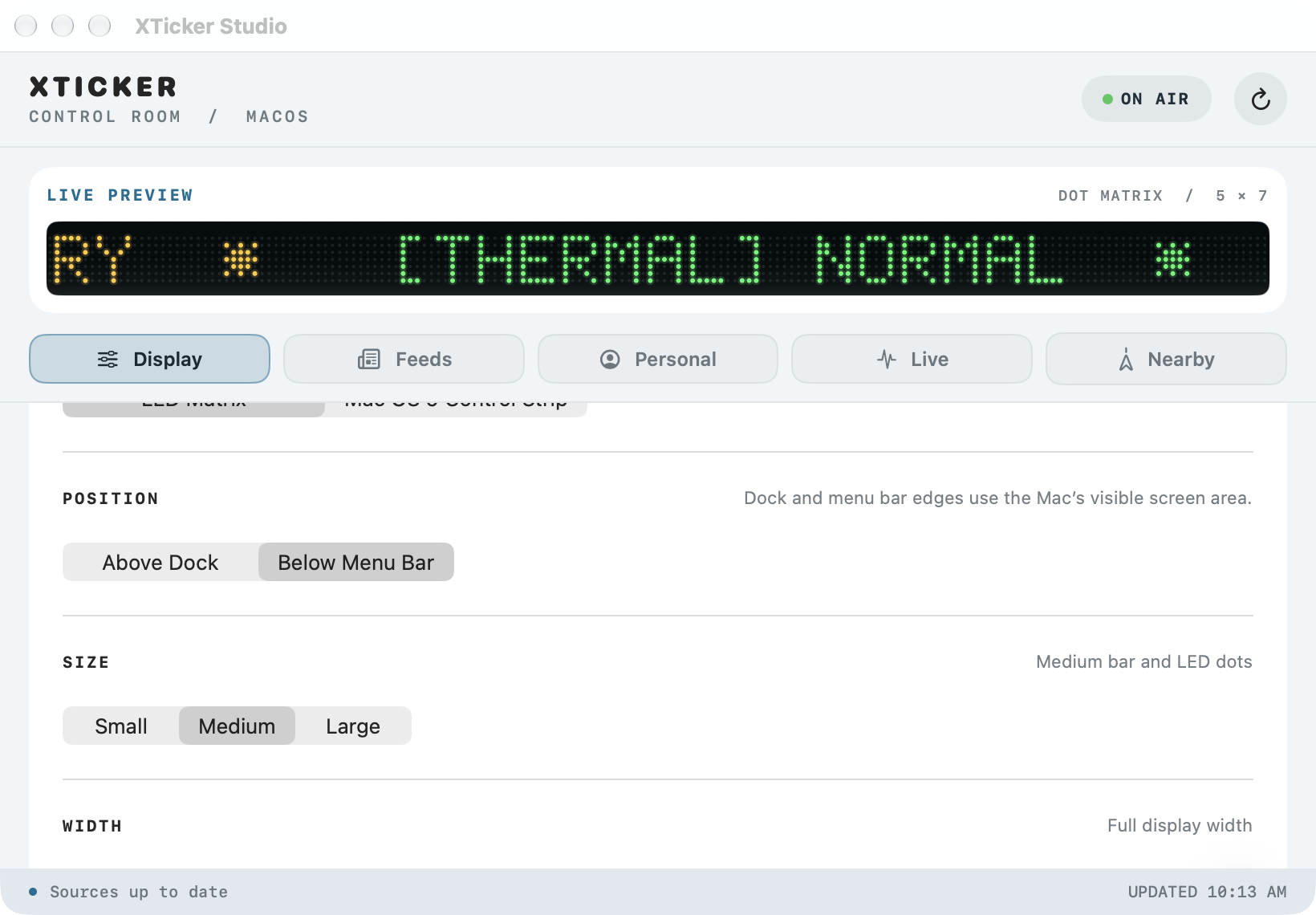 XTicker Studio Display tab showing theme, placement, and size controls