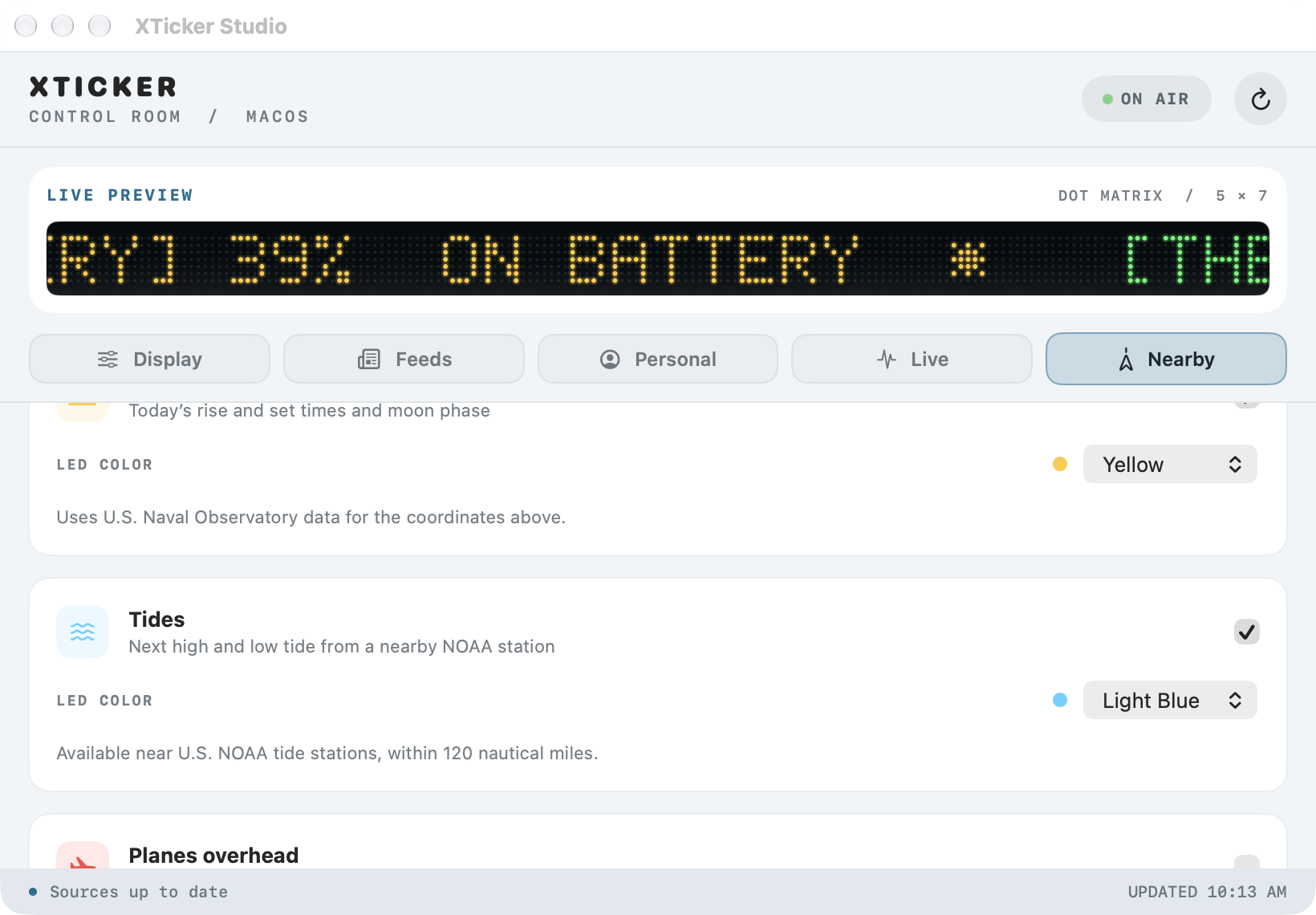 XTicker Studio Nearby tab showing sun and moon, tides, and planes overhead